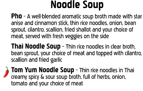 Noodle Soup Pho   A well-blended aromatic soup broth made with star anise and cinnamon stick, thin rice noodles, onio   