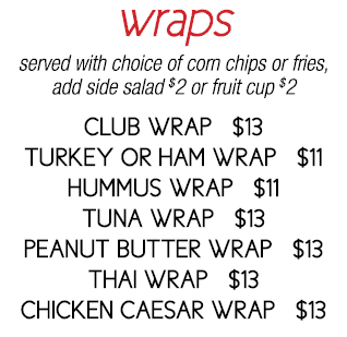 wraps served with choice of corn chips or fries, add side salad  2 or fruit cup  2 club wrap   13 turkey or ham wrap    