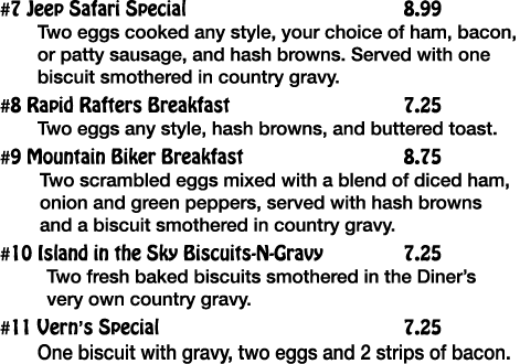 #7 Jeep Safari Special 8 99 Two eggs cooked any style, your choice of ham, bacon, or patty sausage, and hash browns     