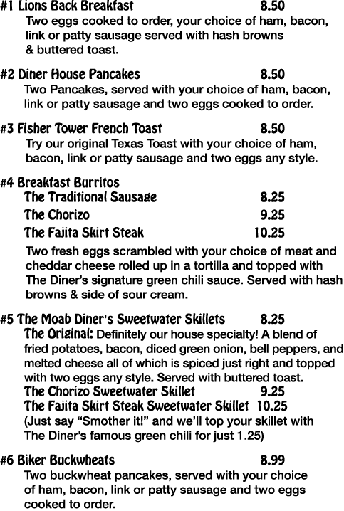 #1 Lions Back Breakfast  8 50 Two eggs cooked to order, your choice of ham, bacon, link or patty sausage served with    