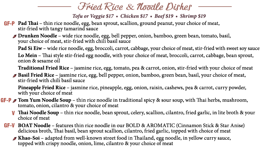  Tofu or Veggie  17   Chicken  17   Beef  19   Shrimp  19 P ad Thai   thin rice noodle, egg, bean sprout, scallion, g   